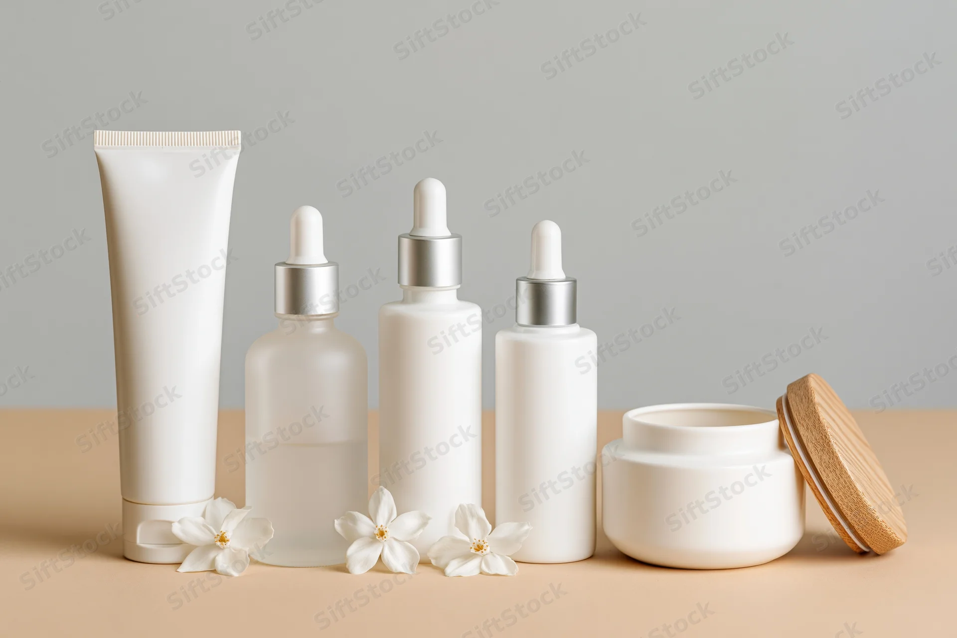 Five white skincare containers arranged in a row on a beige surface with white flowers and a wooden lid beside them