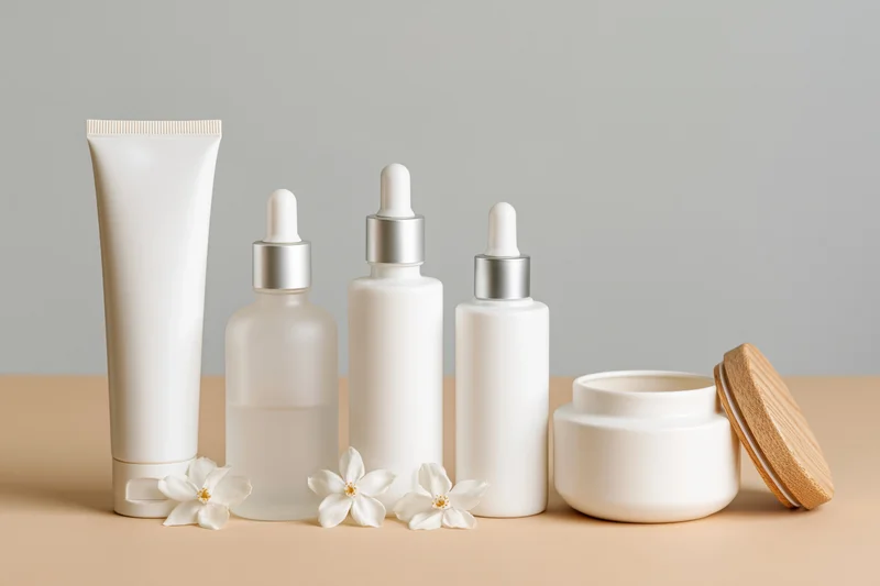 Five white skincare containers arranged in a row on a beige surface with white flowers and a wooden lid beside them