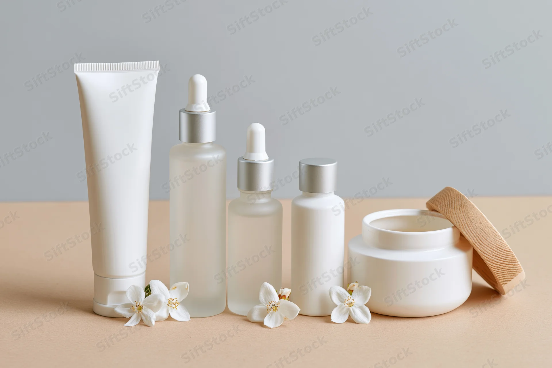 Five white skincare containers arranged in a row on a beige surface with white flowers and a wooden lid beside them
