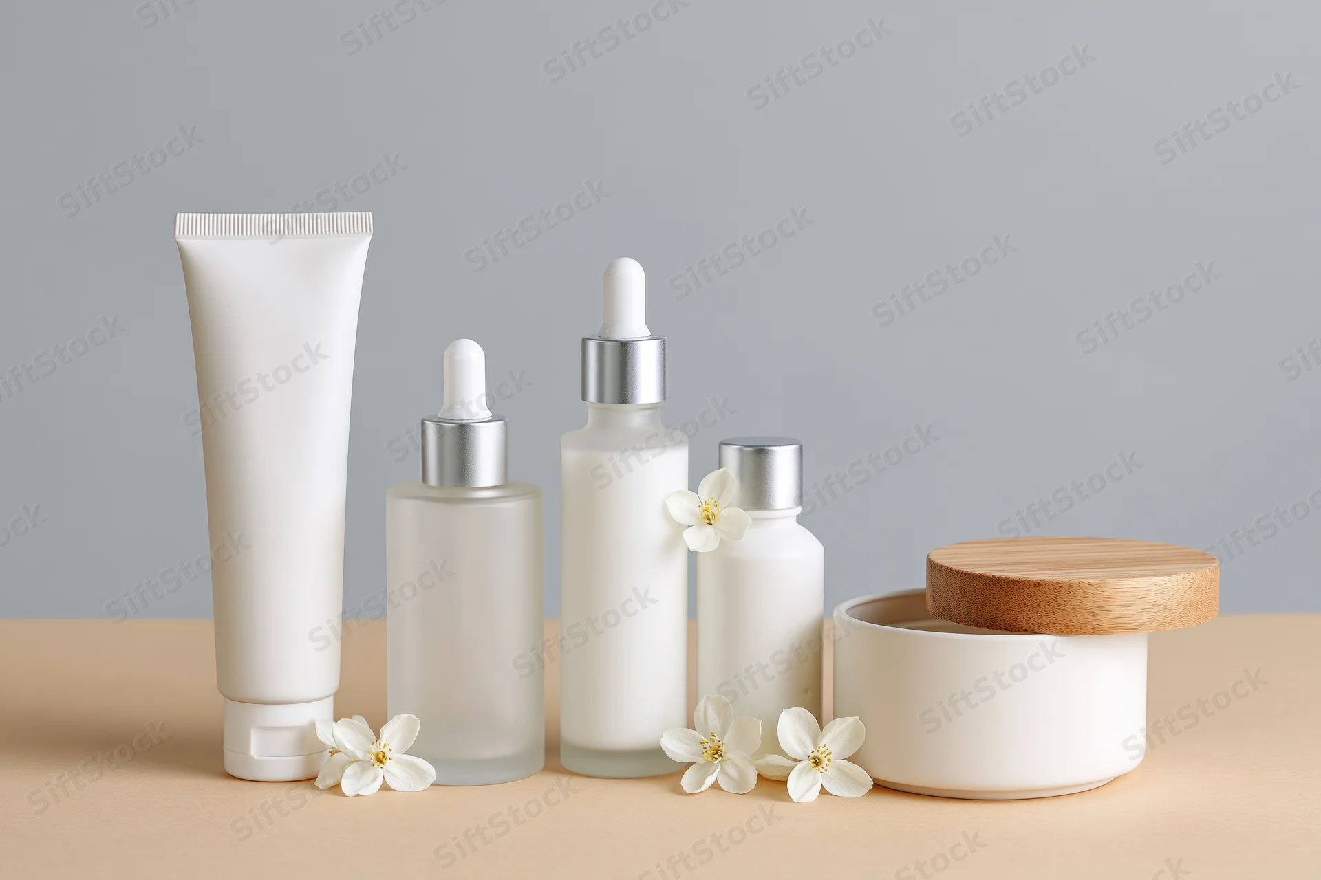 Five white skincare containers arranged in a row on a beige surface with small white flowers scattered around
