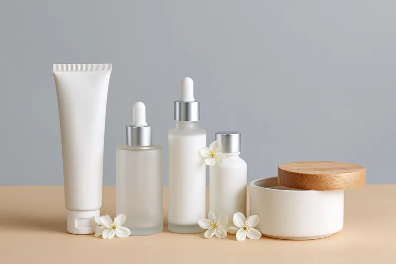 Five white skincare containers arranged in a row on a beige surface with small white flowers scattered around
