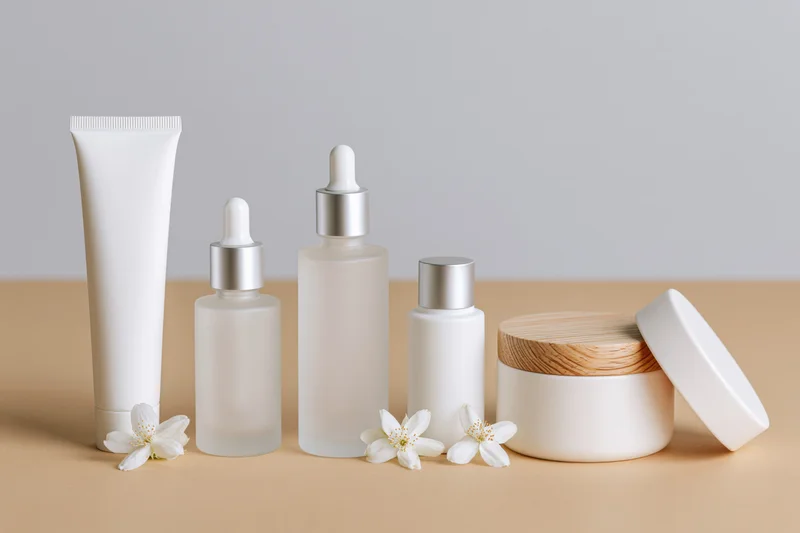 Five white skincare containers arranged in a row on a beige surface with white flowers and copyspace