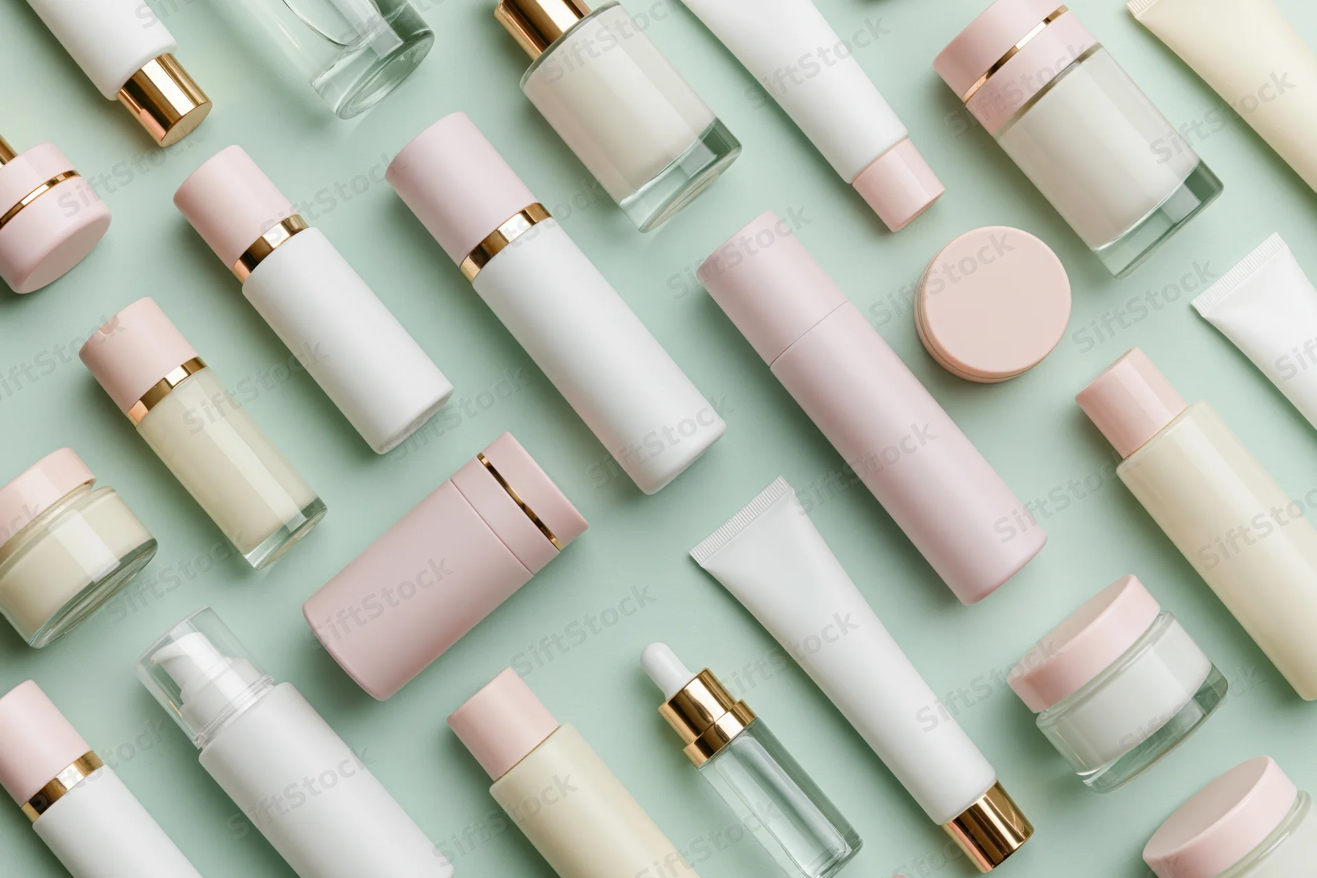 Flat lay of skincare and beauty product bottles and tubes arranged on a mint background