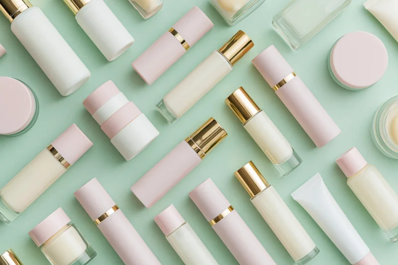 Flat lay of skincare and beauty product bottles arranged on a mint background