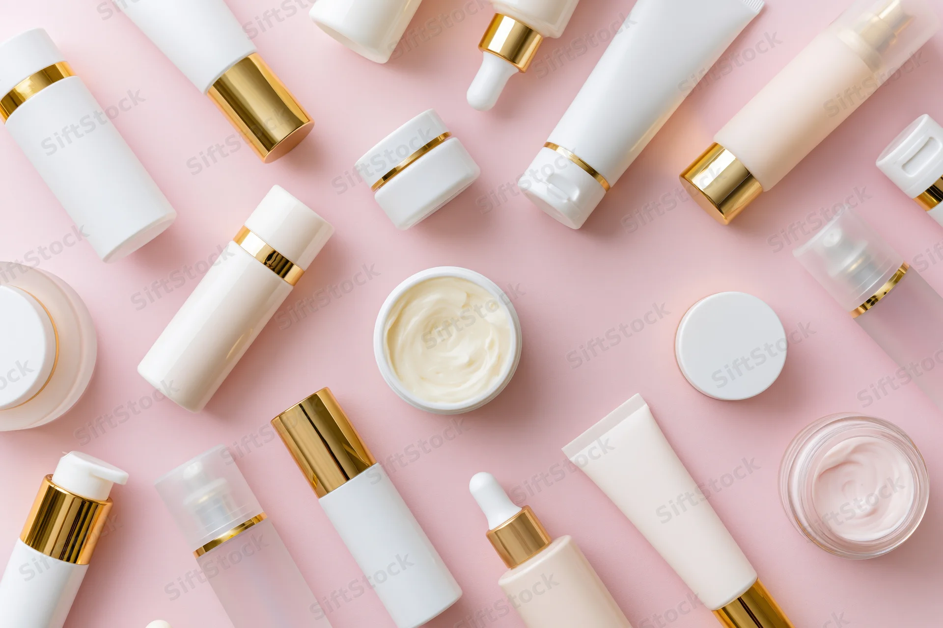 Flat lay of skincare and beauty products arranged on a pink surface