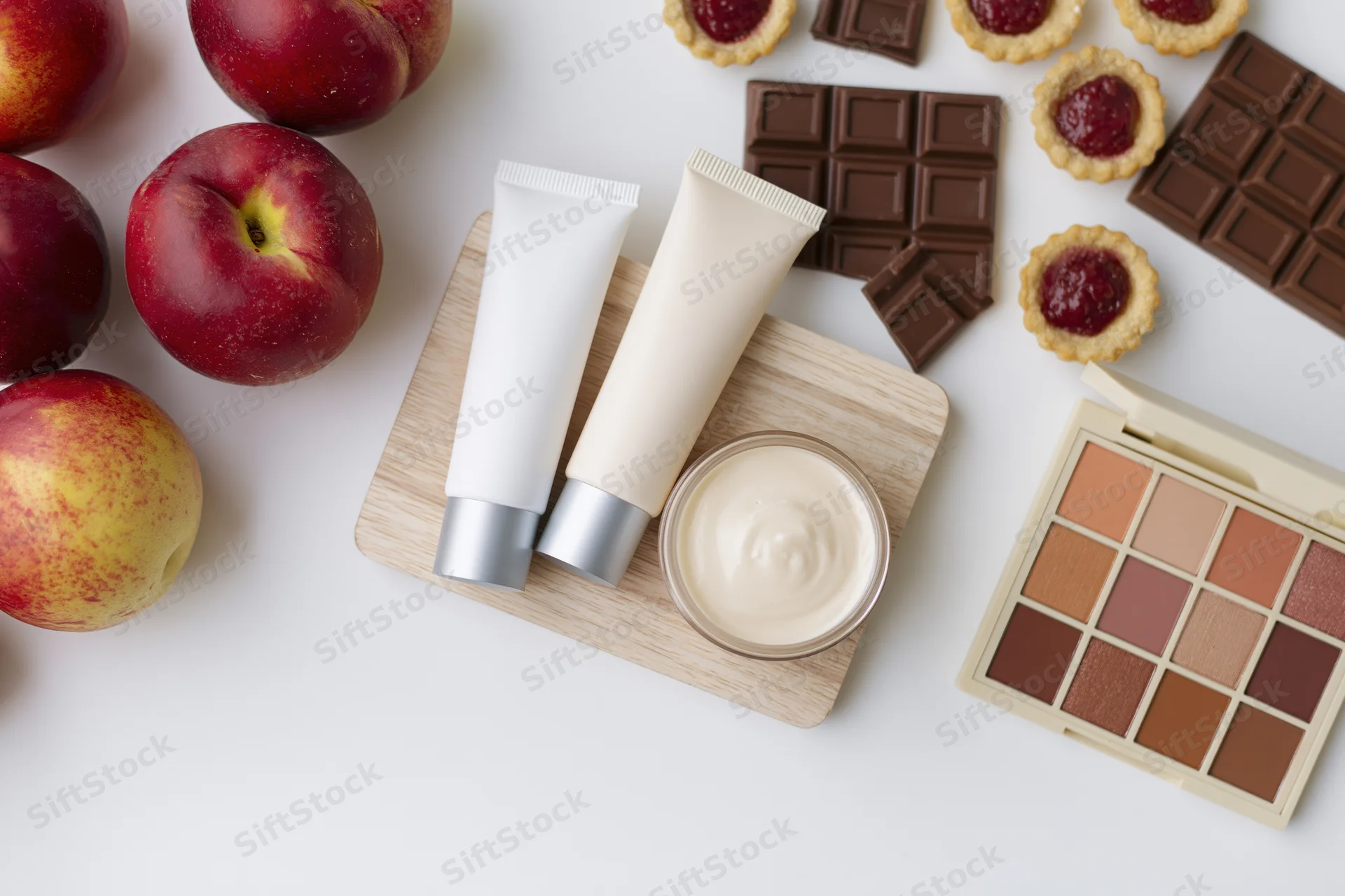 Skincare products and beauty makeup arranged with nectarines, chocolate, and tarts on a white surface in flat lay style