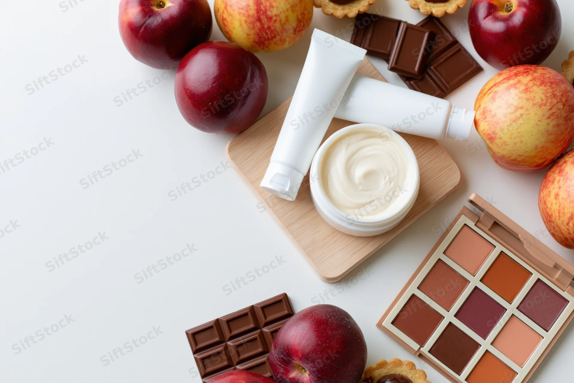Skincare products and apples arranged with chocolate and makeup on a white surface