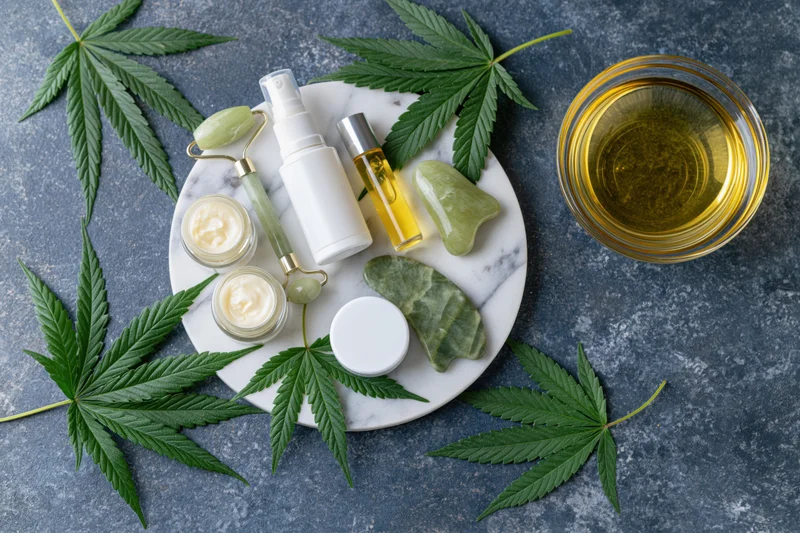 Cbd skincare products arranged on a round marble tray with cannabis leaves and jade tools