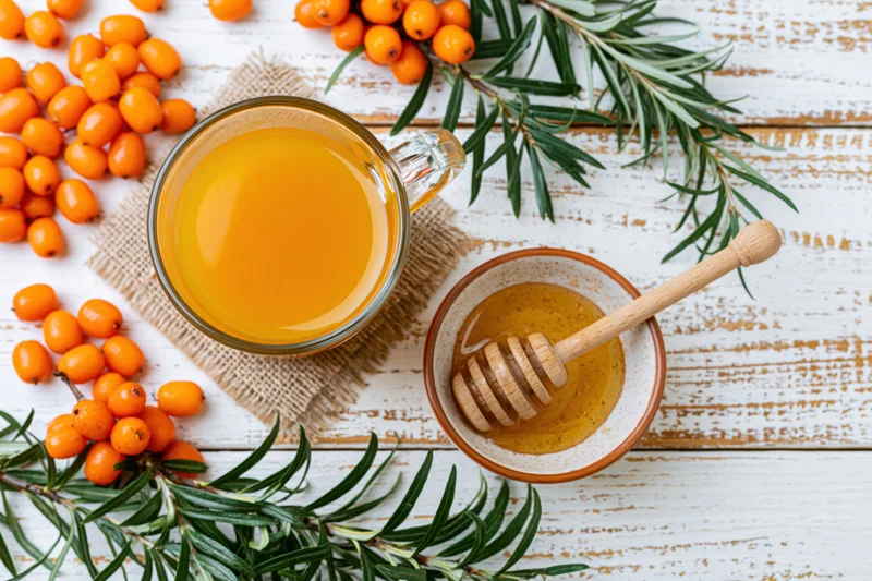 Glass mug of sea buckthorn tea with honey and fresh berries on a white wooden table
