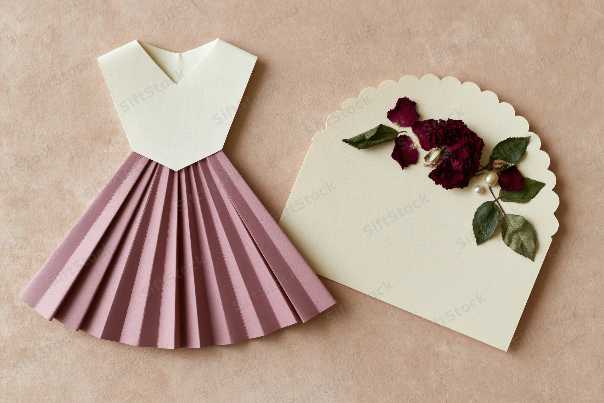 Handmade paper dress craft with scalloped card and dried roses on textured surface