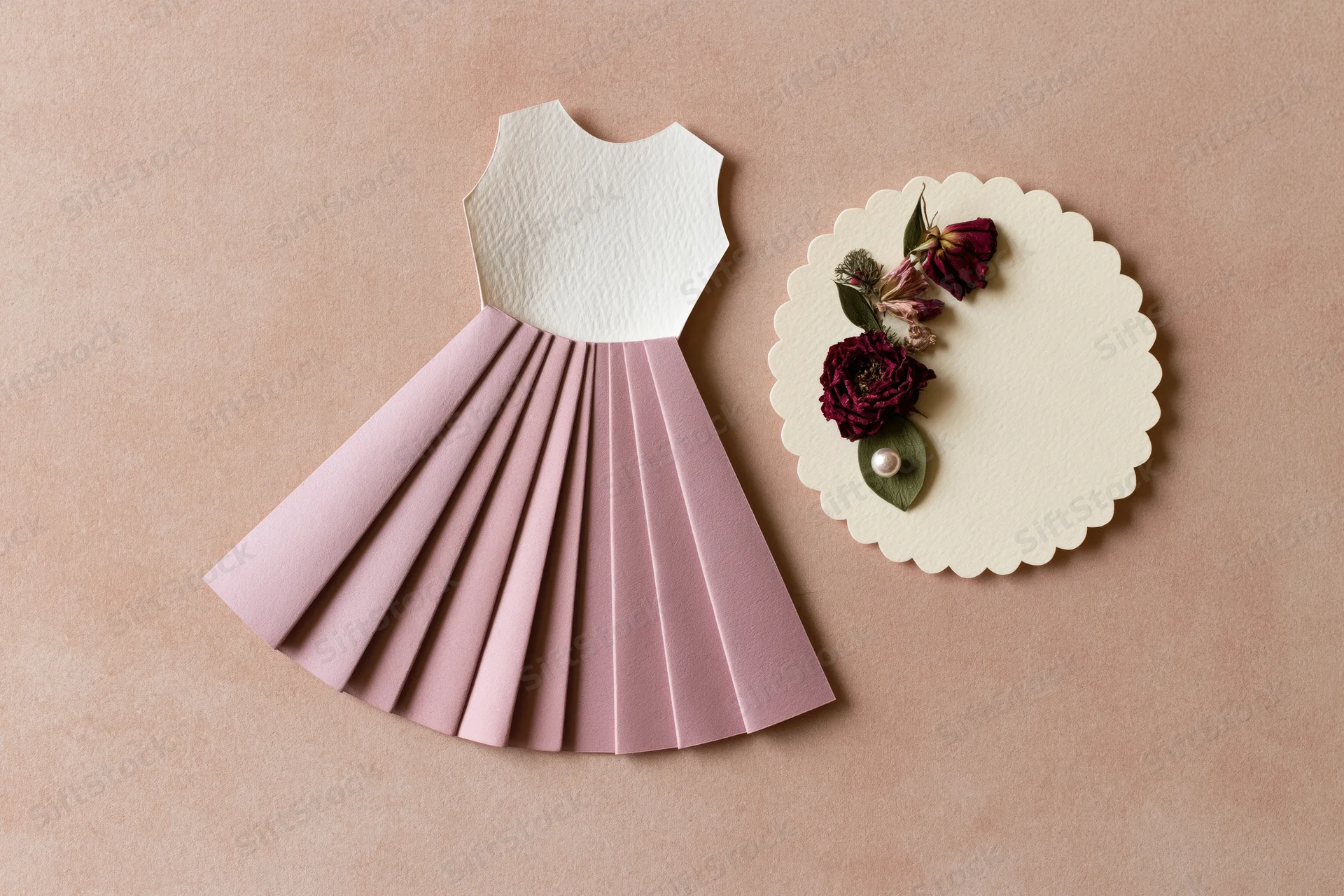 Handmade paper dress with pleated pink skirt and white bodice beside a scalloped card decorated with dried flowers and a pearl on a pink surface