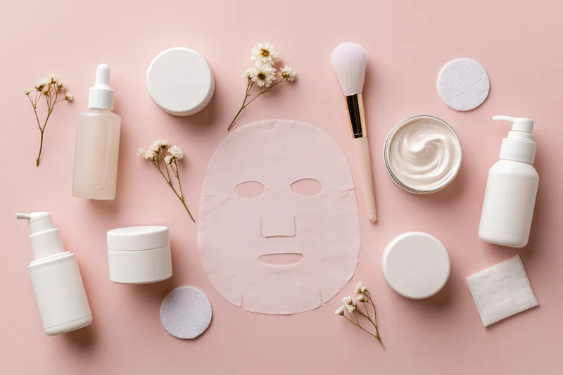 Sheet face mask surrounded by skincare products on pink background