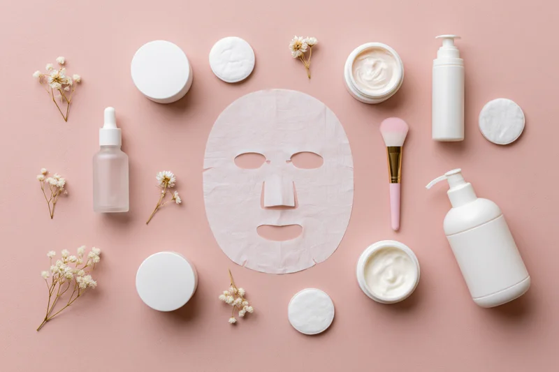 Sheet face mask surrounded by skincare products on pink background