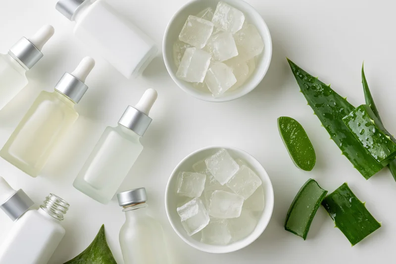 Aloe vera skincare products with ice cubes and leaves arranged in flat lay on white background