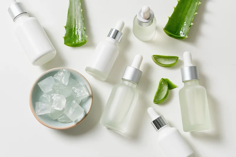 Aloe vera skincare products with ice cubes and plant slices arranged in flat lay on white surface