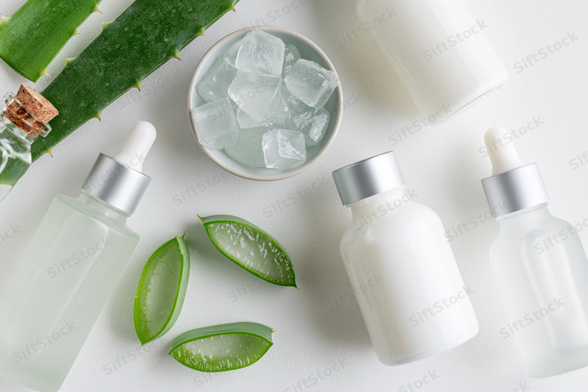 Aloe vera skincare products arranged with ice and plant slices on white surface