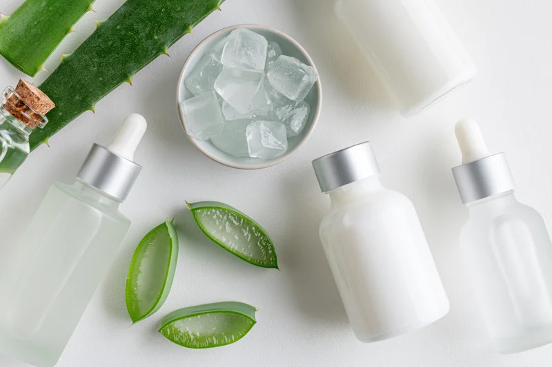Aloe vera skincare products arranged with ice and plant slices on white surface
