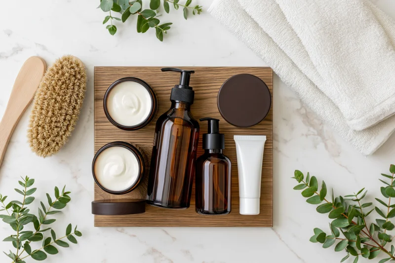 Skincare products arranged on wooden tray with towel and greenery on marble surface