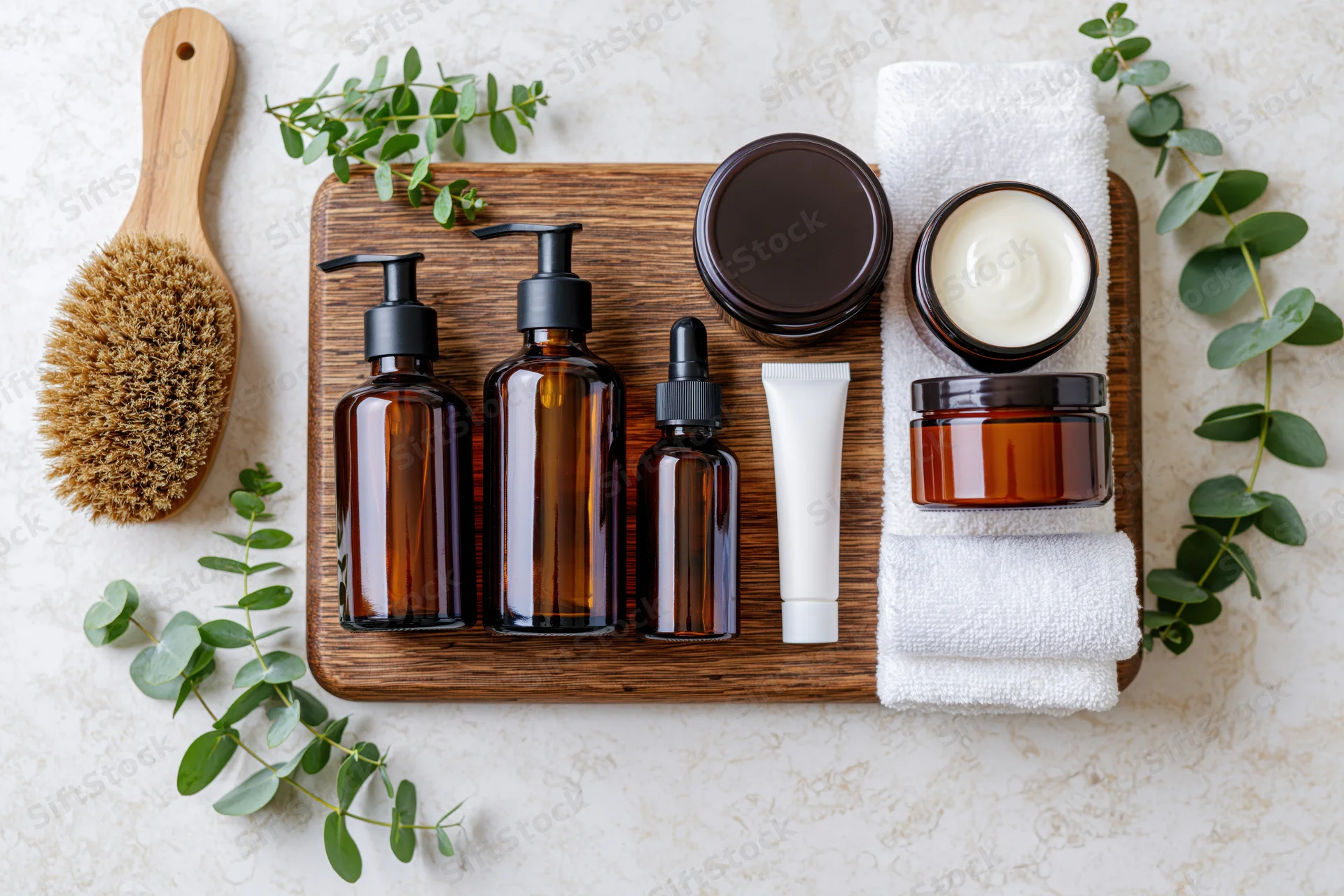 Skincare products arranged on wooden tray with towel and greenery