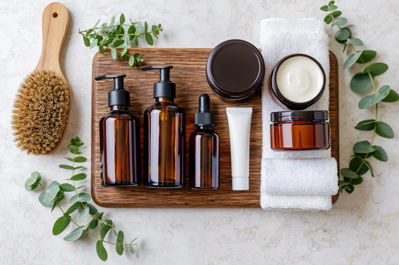 Skincare products arranged on wooden tray with towel and greenery