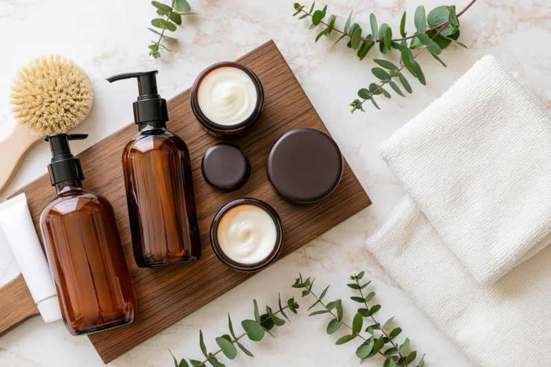 Skincare products arranged on wooden board with towel and eucalyptus sprigs on marble surface