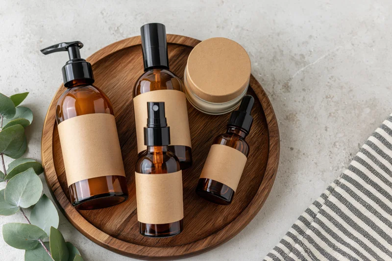Amber glass skincare bottles with blank kraft labels arranged on a wooden tray with eucalyptus leaves and striped cloth