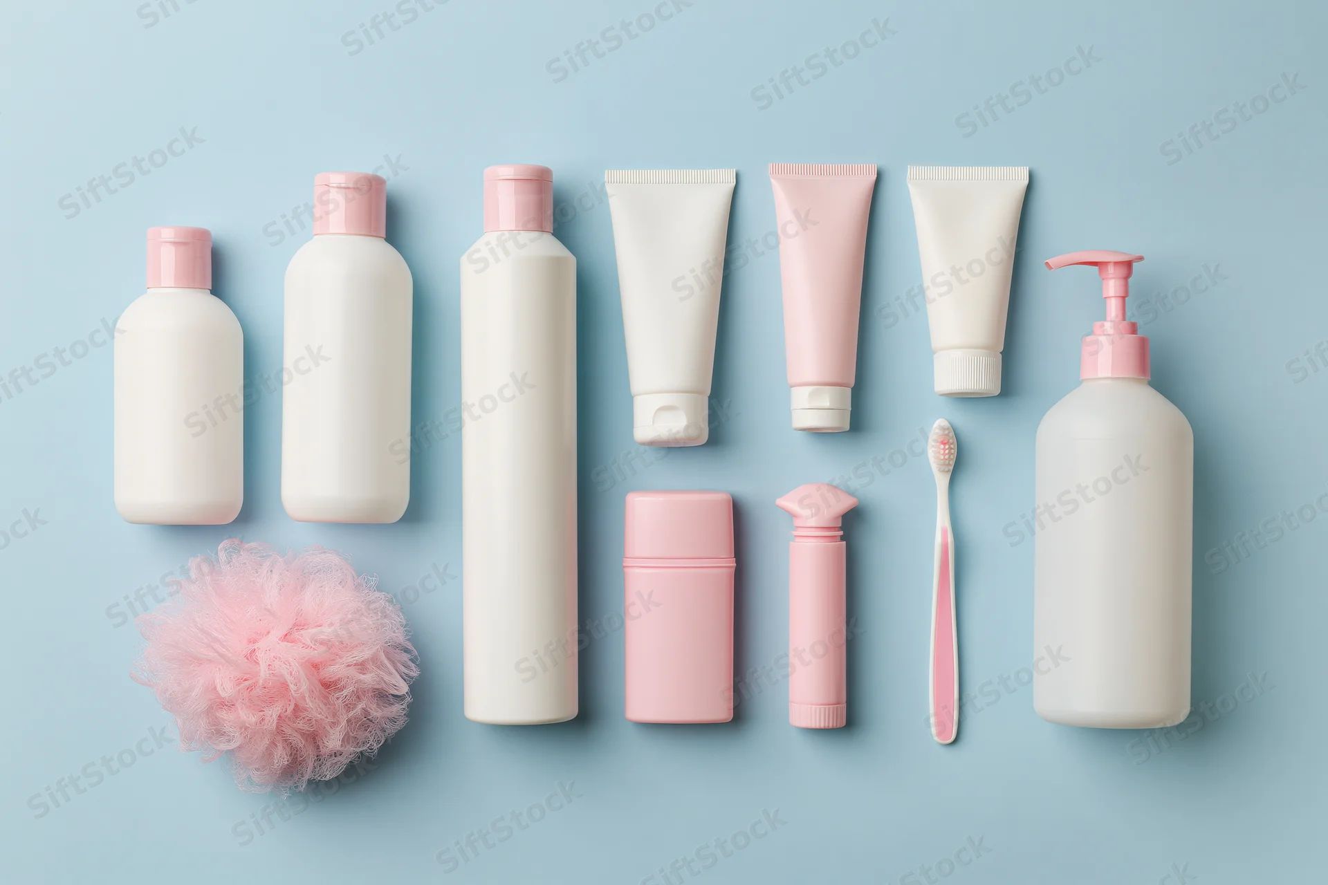 Flat lay of personal care products arranged on a light blue surface with pink and white bottles, tubes, a toothbrush and a loofah