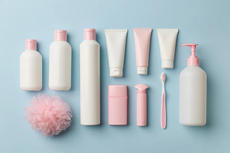 Flat lay of personal care products arranged on a light blue surface with pink and white bottles, tubes, a toothbrush and a loofah