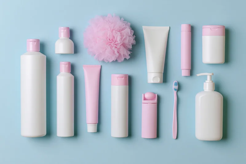 Assorted personal care products arranged in flat lay on light blue background