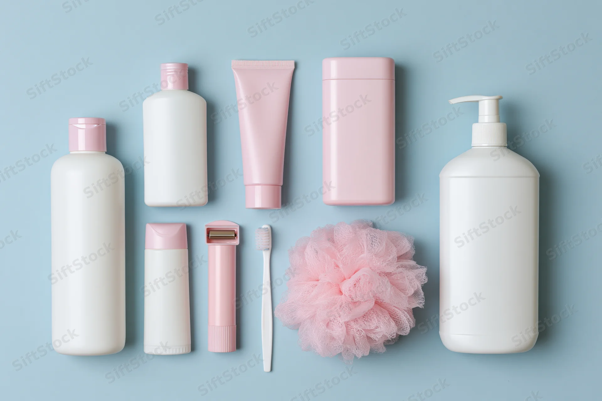 Assorted personal care products arranged in flat lay on light blue background