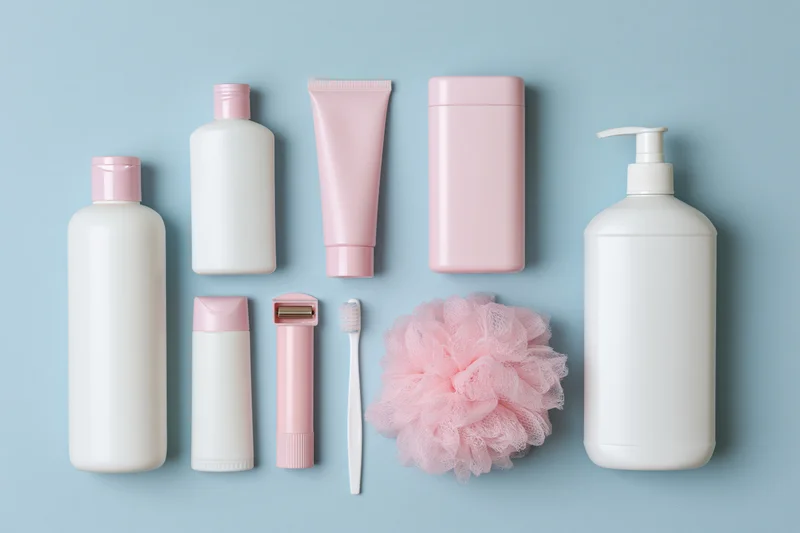 Assorted personal care products arranged in flat lay on light blue background