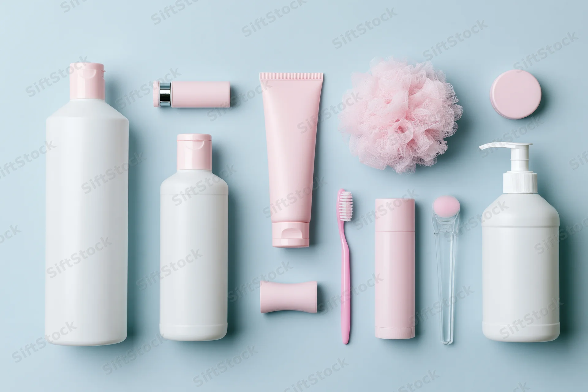 Flat lay of personal care products arranged on a light blue background