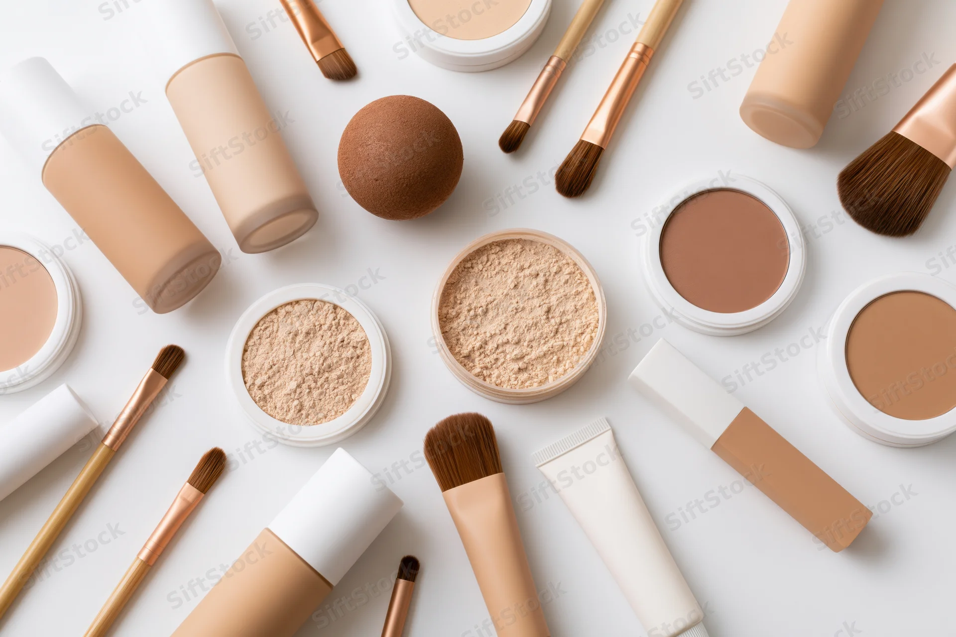 Assorted complexion makeup products arranged in flat lay on white background
