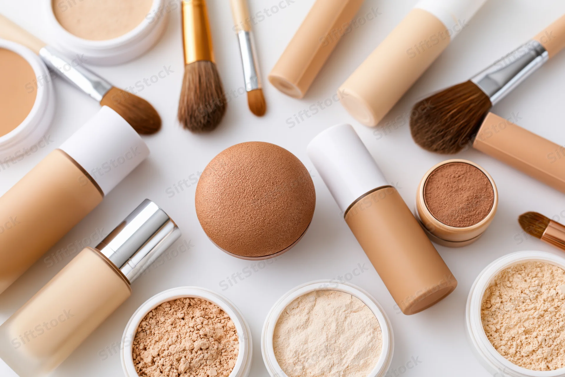 Assorted complexion makeup products arranged in flat lay on white surface