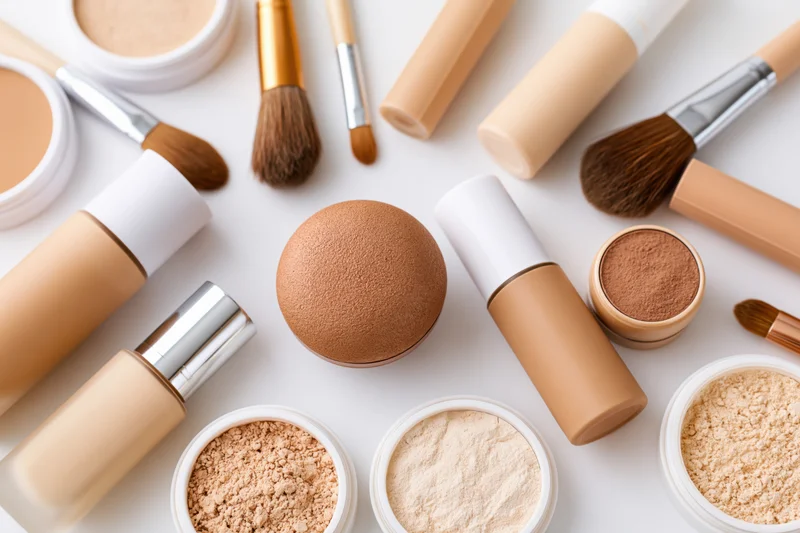 Assorted complexion makeup products arranged in flat lay on white surface