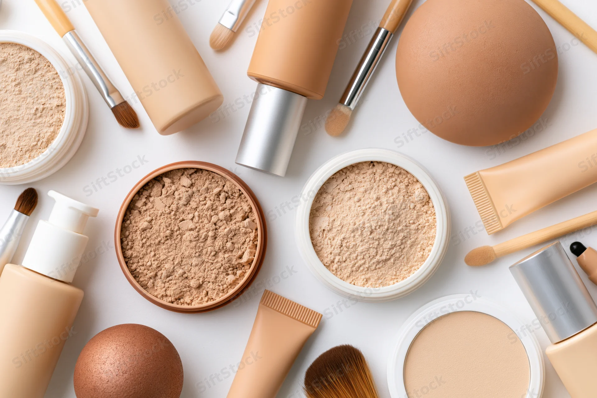 Assorted complexion makeup products arranged in flat lay on white surface