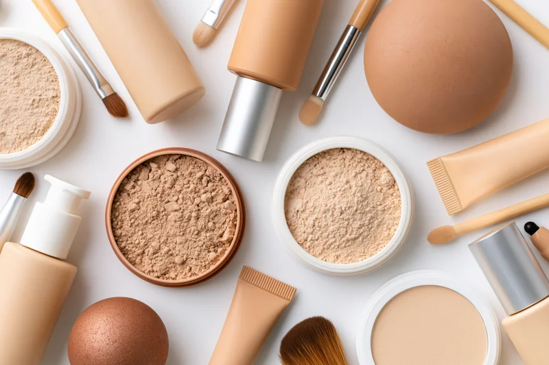 Assorted complexion makeup products arranged in flat lay on white surface