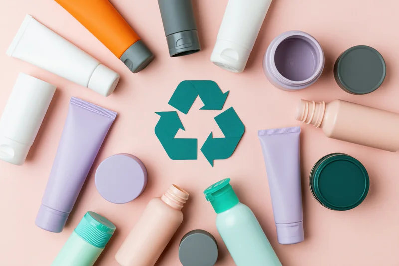 Empty cosmetic plastic containers arranged around a recycling symbol on a pastel pink background