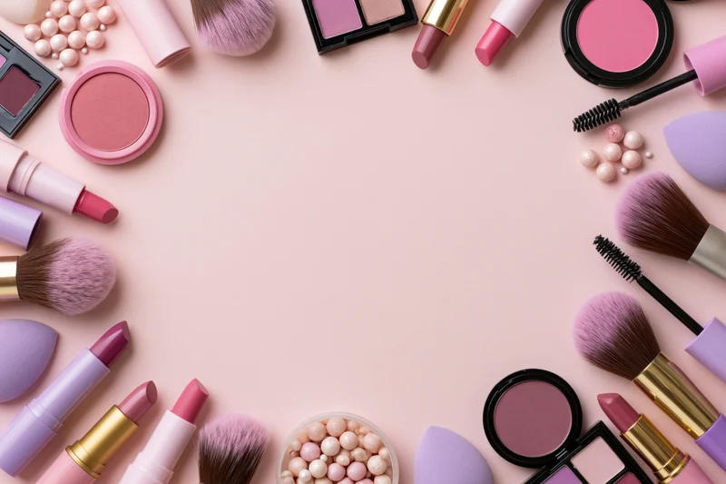 Assorted makeup products arranged in a border frame on a pink surface with copyspace in center
