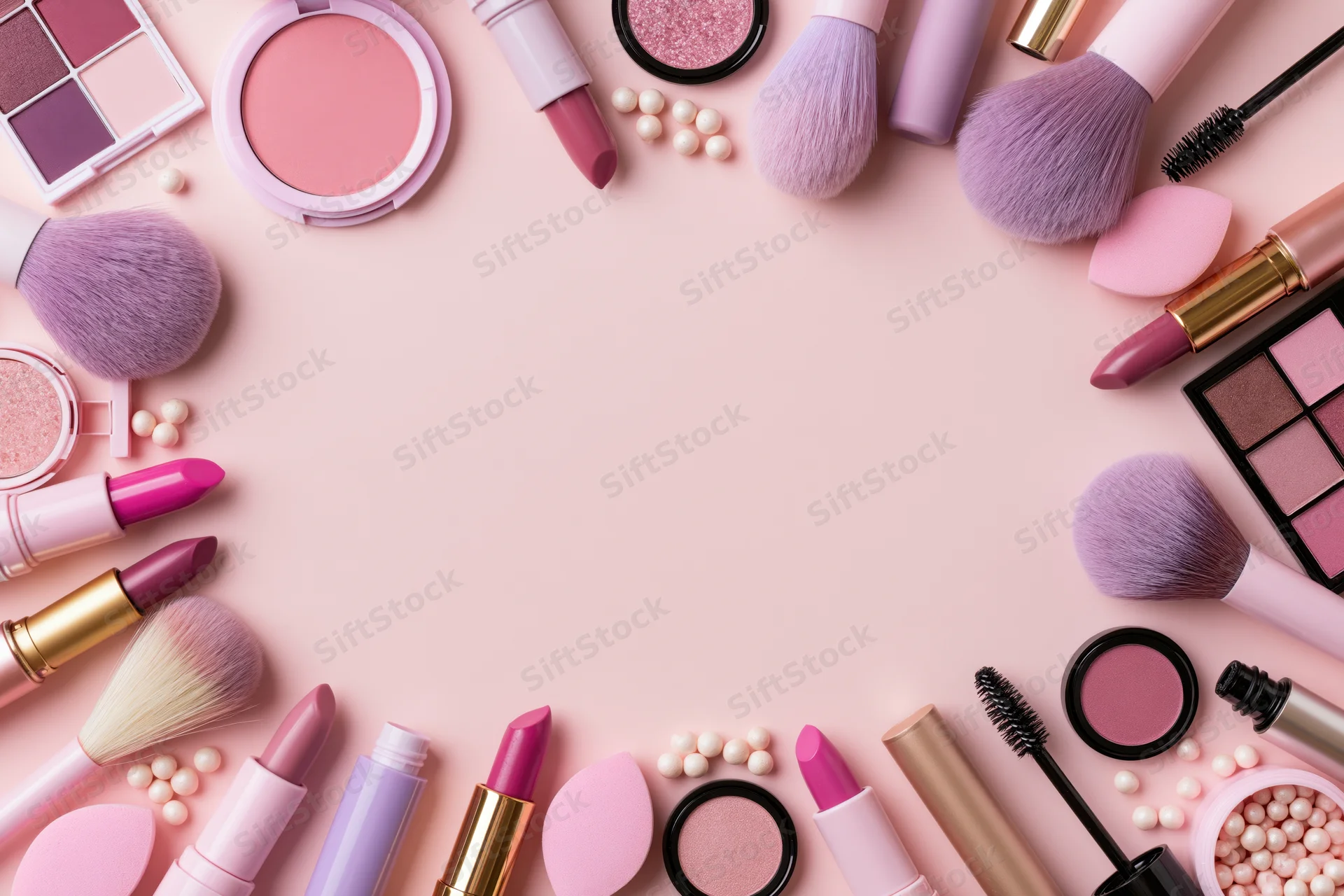 Assorted makeup products arranged in a border frame on a pink surface with copyspace in center