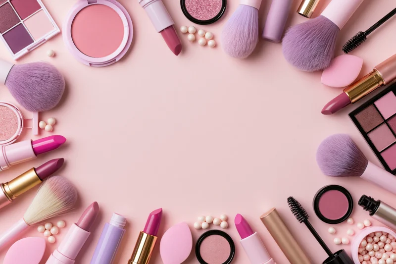 Assorted makeup products arranged in a border frame on a pink surface with copyspace in center