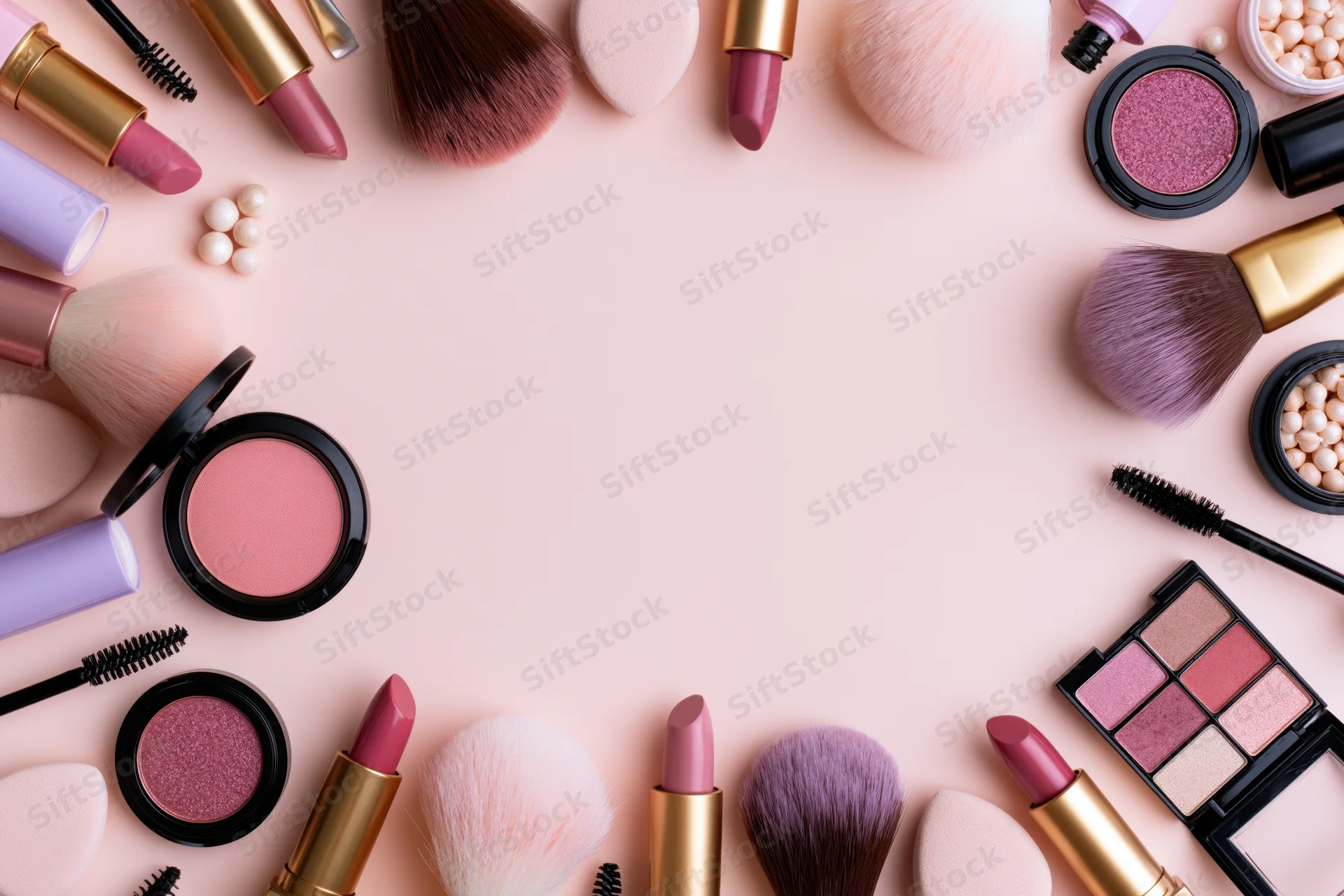 Assorted makeup products arranged in a border frame on a pink surface with copyspace in center