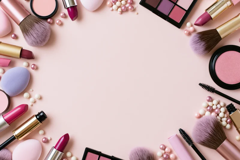 Assorted makeup products arranged in a border frame on a pink surface with copyspace in center