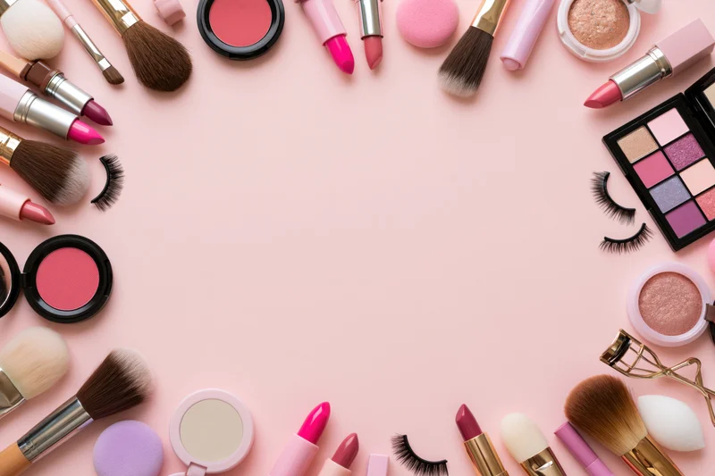 Assorted makeup products arranged in a border frame on a pink surface with copyspace in center