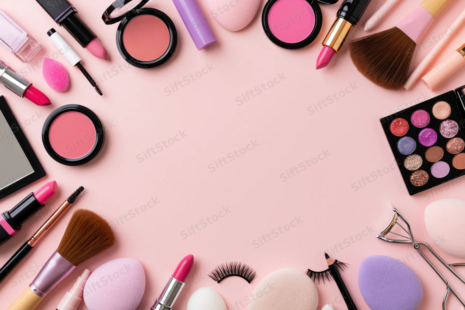 Assorted makeup products arranged in a border on a pink surface with copyspace in center