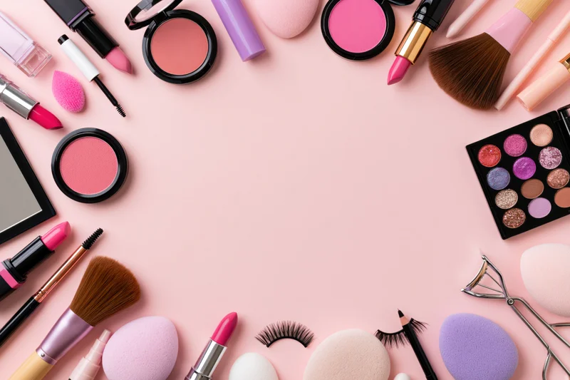 Assorted makeup products arranged in a border on a pink surface with copyspace in center