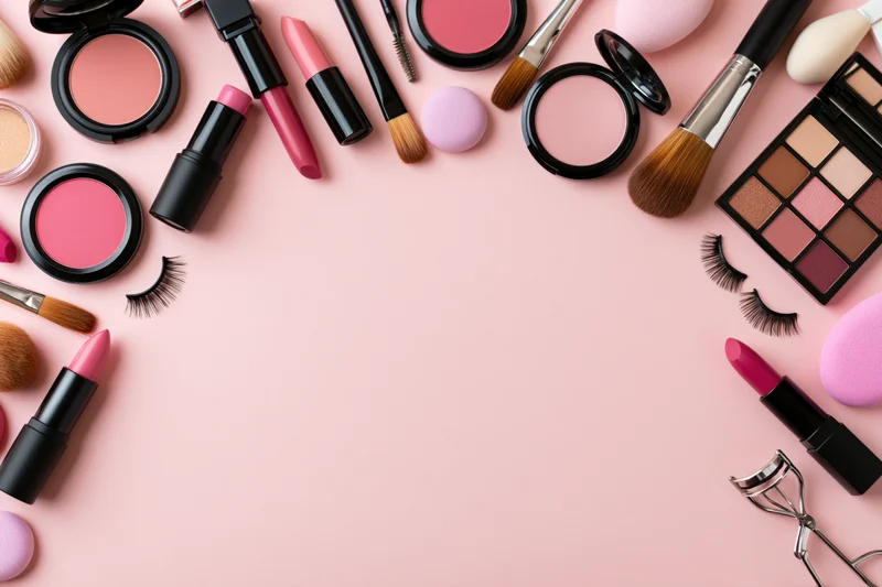 Assorted makeup products arranged in border frame on pink surface with copyspace