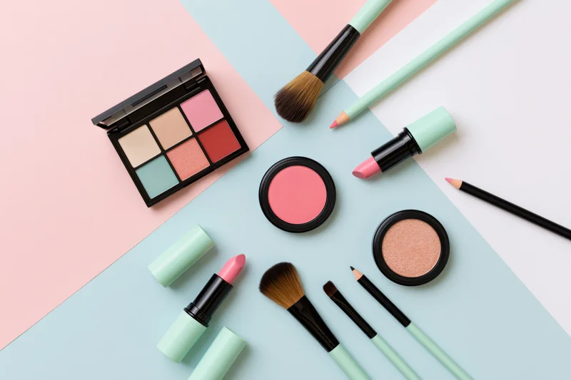 Assorted makeup products arranged in flat lay on pastel colored background