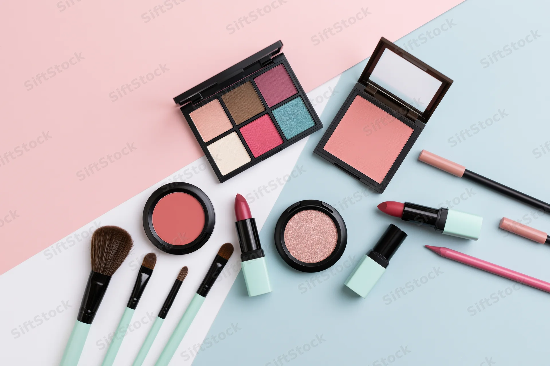 Assorted makeup products arranged in flat lay on pastel background