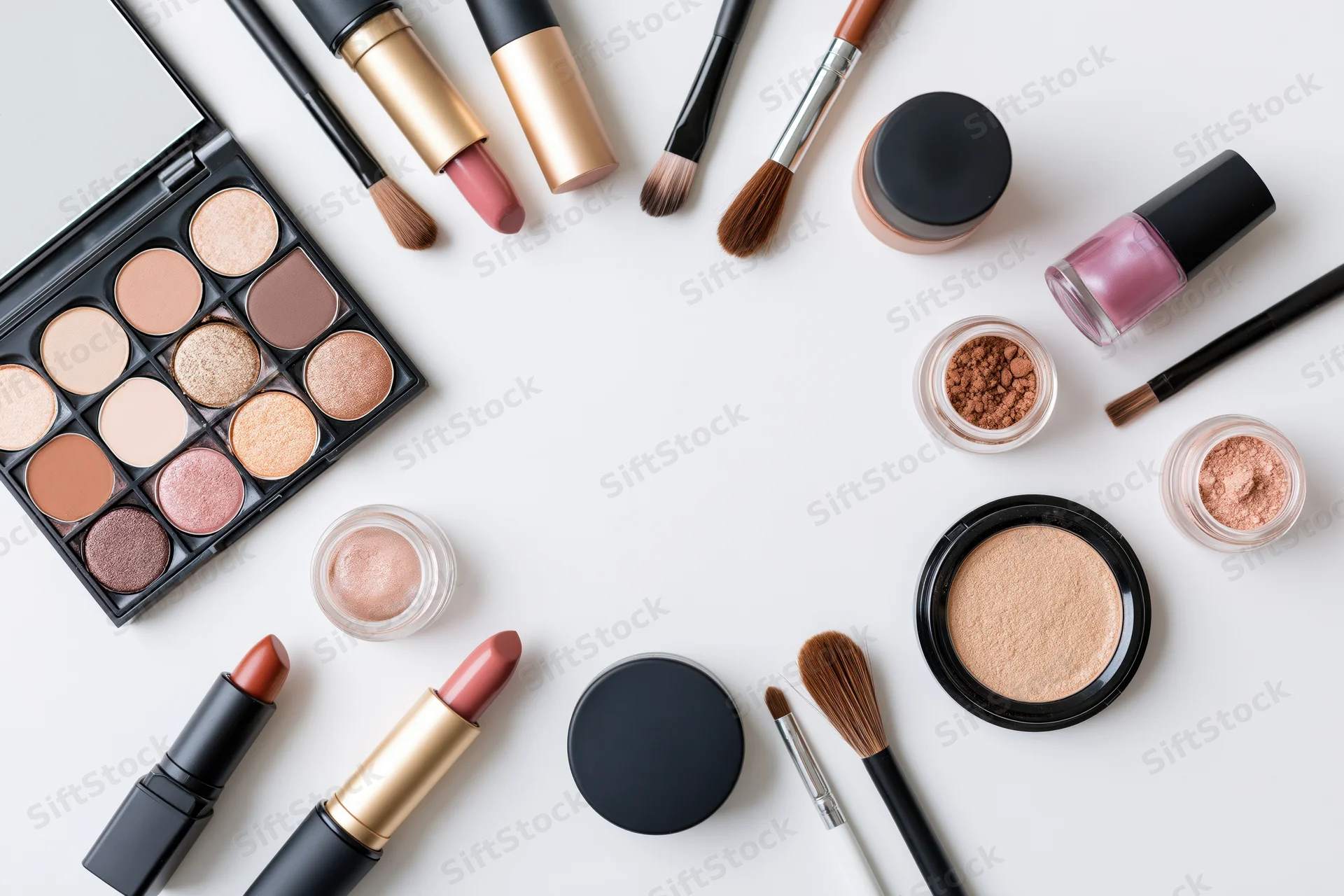 Assorted makeup products arranged in a flat lay on a white surface with copyspace